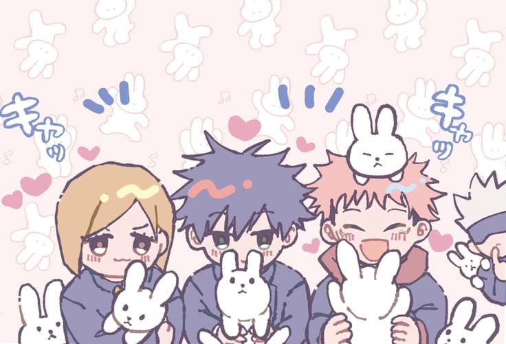 Ilustração de personagens de Jujutsu Kaisen com coelhinhos e corações