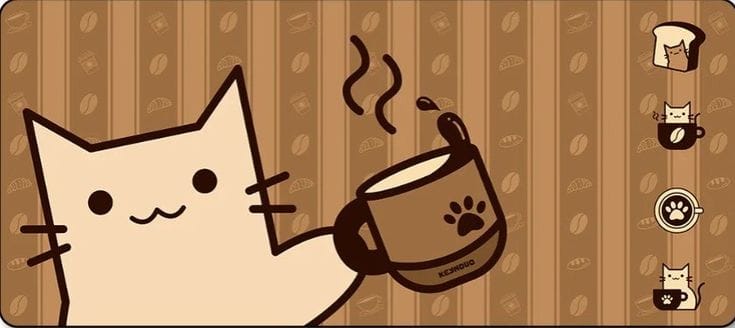 Ilustração de um gatinho com uma xícara, café e pequenos doces