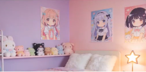 A cosy artist's room with anime prints, plush toys and a glowing star light